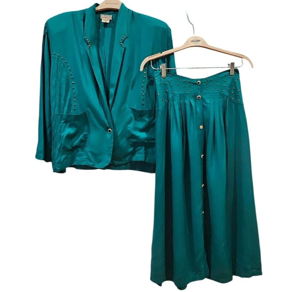 Parkay Teal Vintage Y2K Studded Blazer Skirt Set Skirt Stevie Nicks 80's